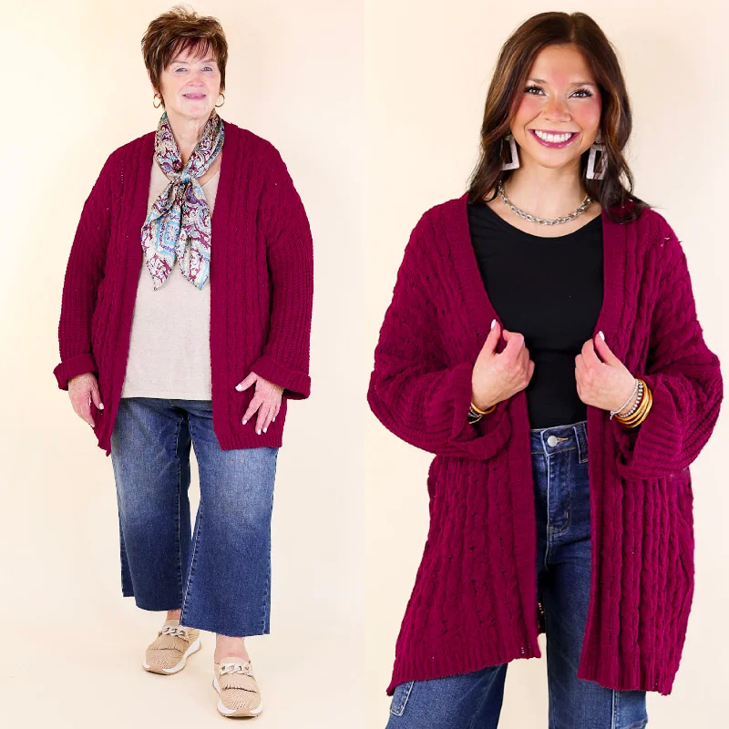 On My Level Chenille Cable Knit Open Front Cardigan in Maroon