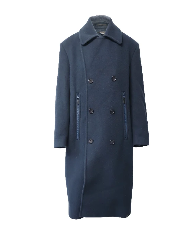 Eytys Long Coat with Zip Pocket in Navy Blue Wool