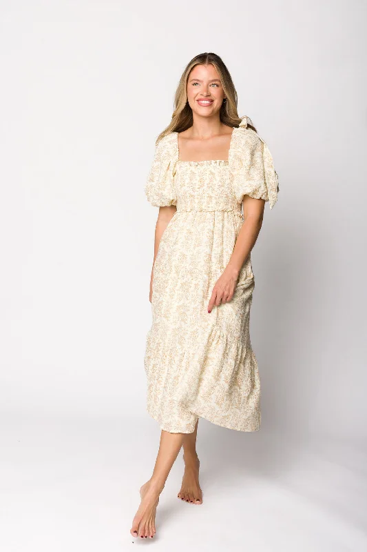 Elena 100% Cotton Toile Print Smocked Midi Dress in Light Brown