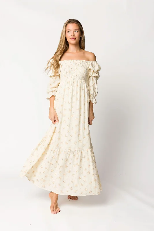 Emerson Smocked Gauze Maxi Dress with Long Sleeves in Natural - Bump Friendly