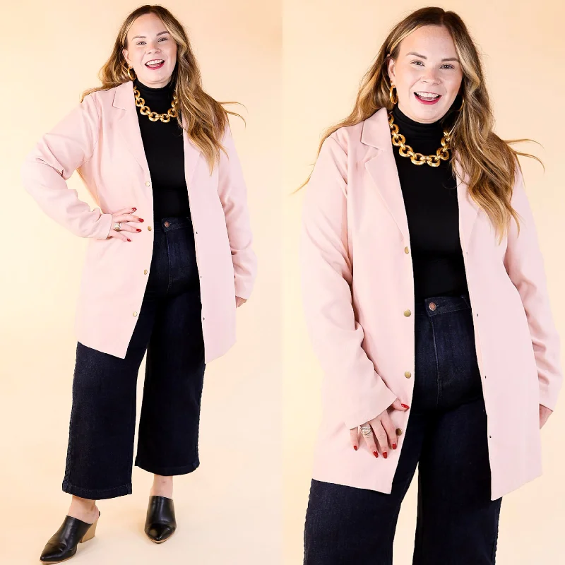 On Mountain Time Long Button Up Blazer in Pale Pink