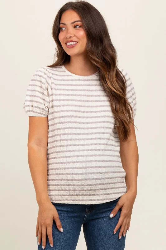 Grey Striped Textured Puff Sleeve Maternity Top